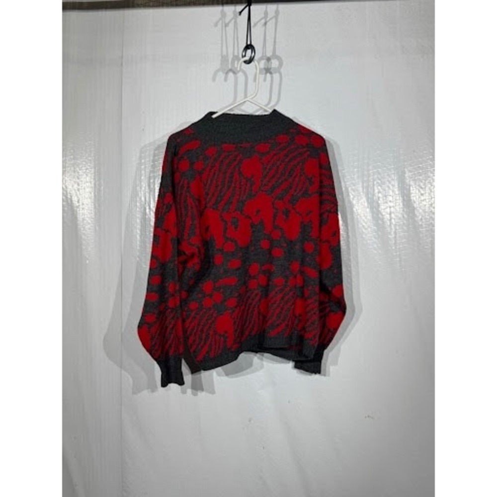 VTG 80s Nordstrom Point of View Red Gray Abstract Knit Wool Blend Sweater Medium